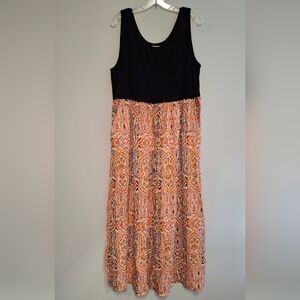 Lucky Brand Tank Black Bodice Orange Patterned Maxi Dress Soft Comfy Pockets